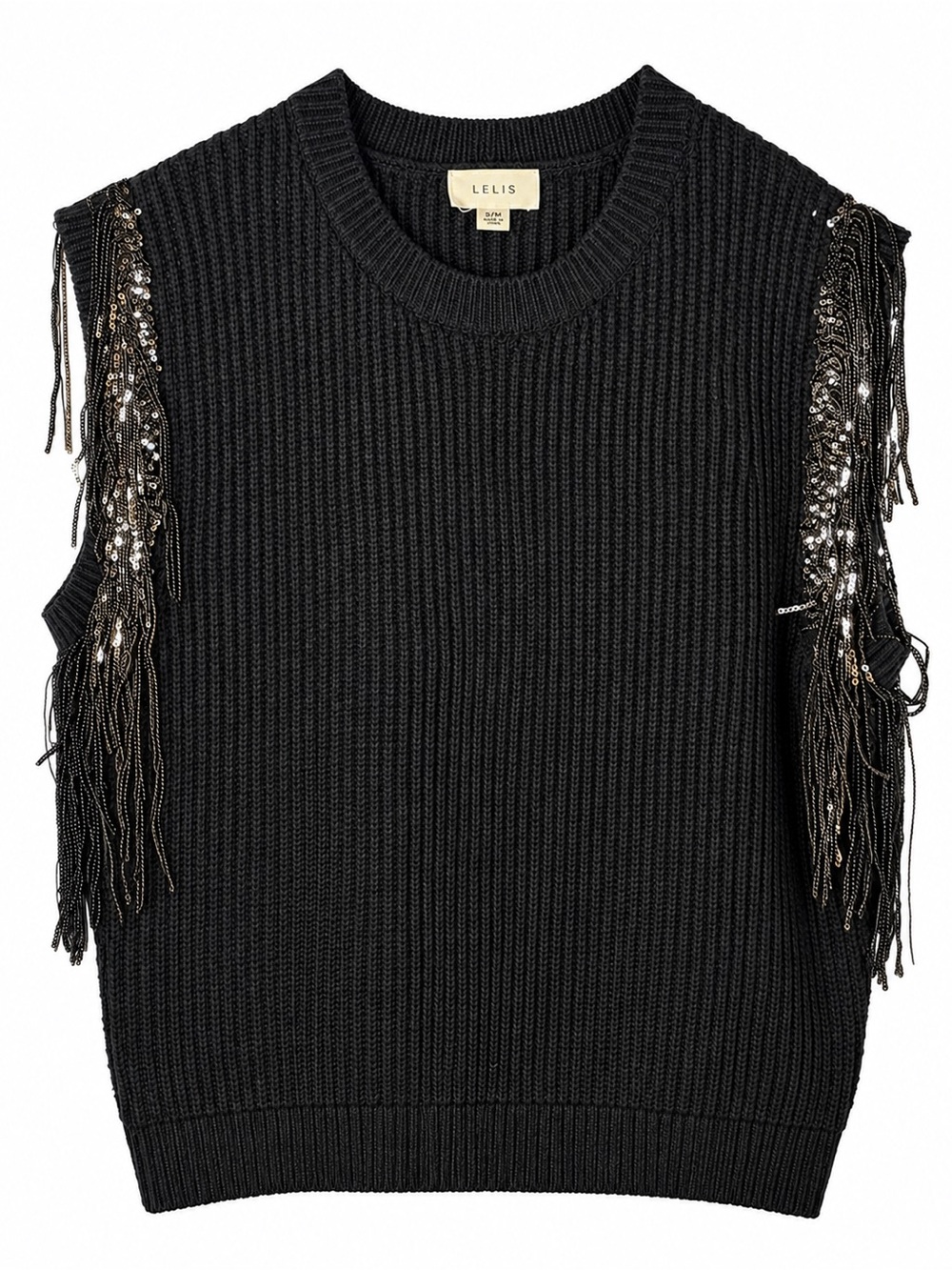 Le Lis Black Ribbed Crewneck Sweater Vest with Sequin Fringe